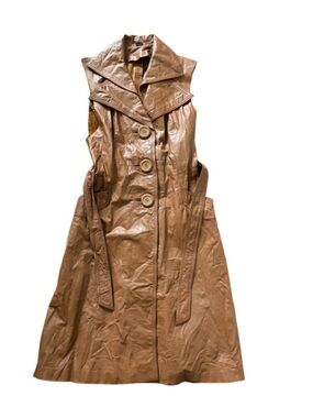Vintage Brown Faux Leather Sleeveless Trench Coat | Belted | Size S